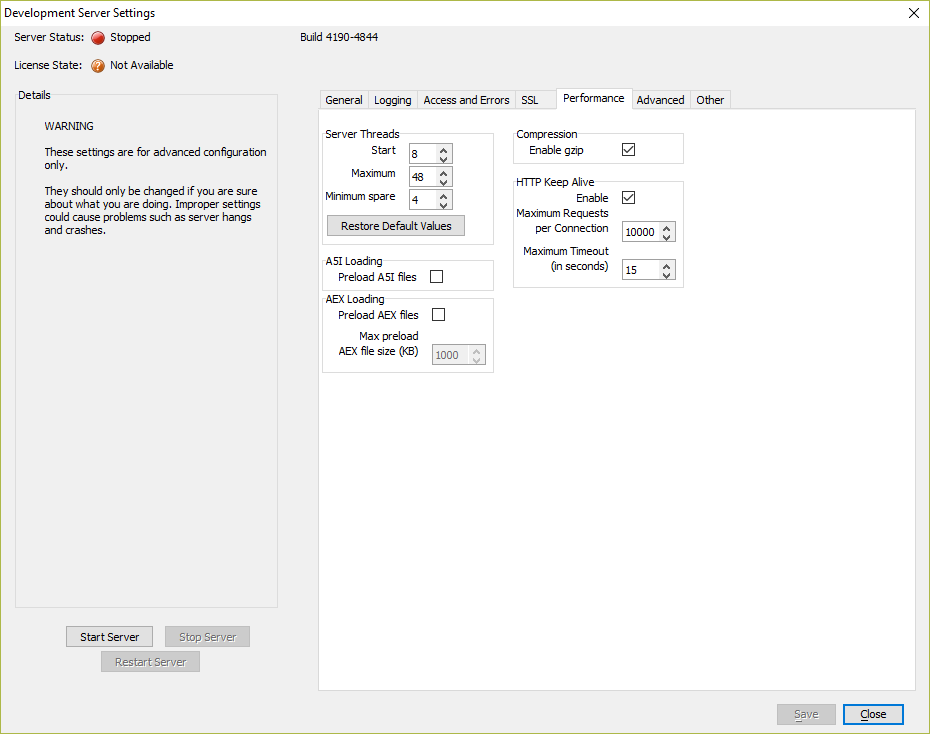 Performance settings tab